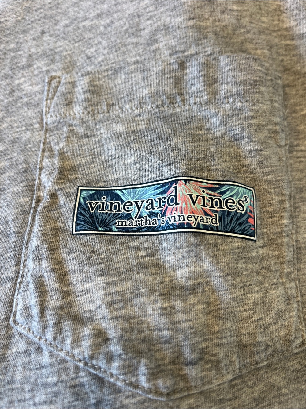 Vineyard Vines Heather Gray Long Sleeved T with Tropical Martha’s Vineyard Logo